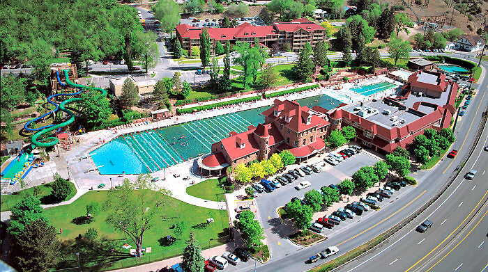 Aerial view of Glenwood Hot Springs Resort -- and the Glenwood Hot Springs pool is the size of a football field. Photo: Glenwood Hot Springs