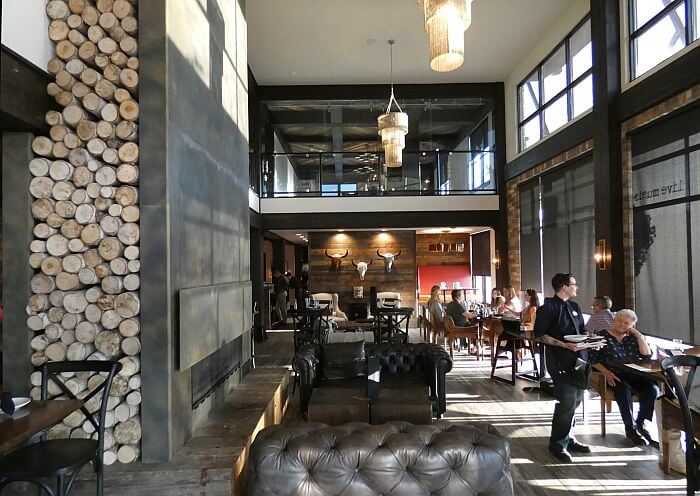 Lobby and restaurant of the Firebrand Hotel Whitefish