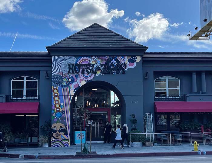 A psychedelic mural surrounds the front entrance of Hotel Ziggy