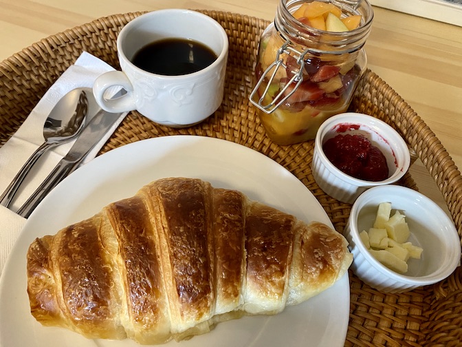 A lovely breakfast is delivered to your door each morning at Estello Suites & Spa.
