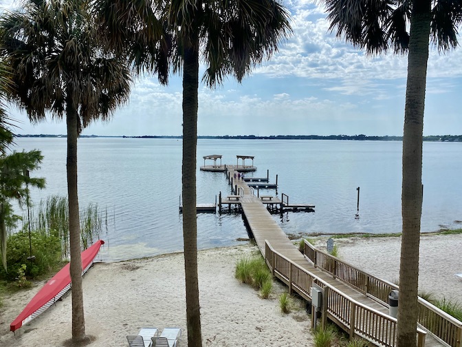 Beach and dock at the Lakeside Inn.