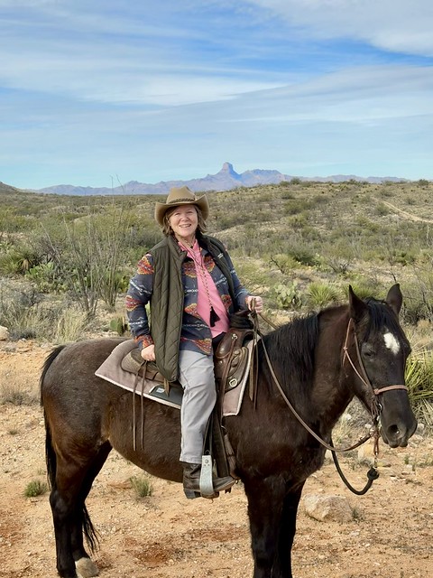 Equestrian Travel Expert Nancy D. Brown is sitting on a black horse with a white star on his face, while standing in the southern Arizona desert. She is wearing an olive green vest, Pendleton wool jacket, pink shirt and a beige felt cowboy hat, while sitting in a Western saddle. 