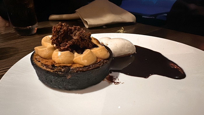 Chocolate dessert with peanut butter icing.
