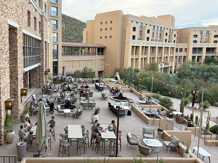 The patio of Tucson Desert Starr Pass features seating for dining and plenty of fire pits for cooler weather