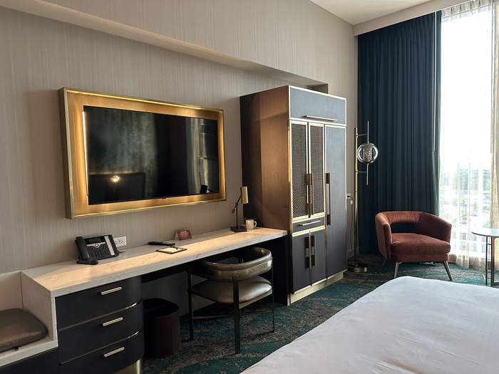 Desk area in hotel room.