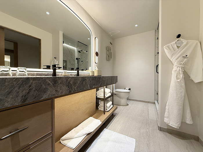The bathroom includes a large glass enclosed shower and expansive vanity with two sinks and an illuminated mirror.