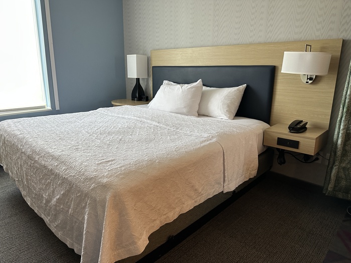 A king bed with lalmps on each side of the bed.
