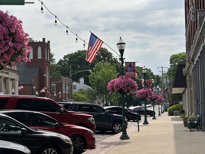 A sidewalk with pink flowers and American flags on the lamp posts.